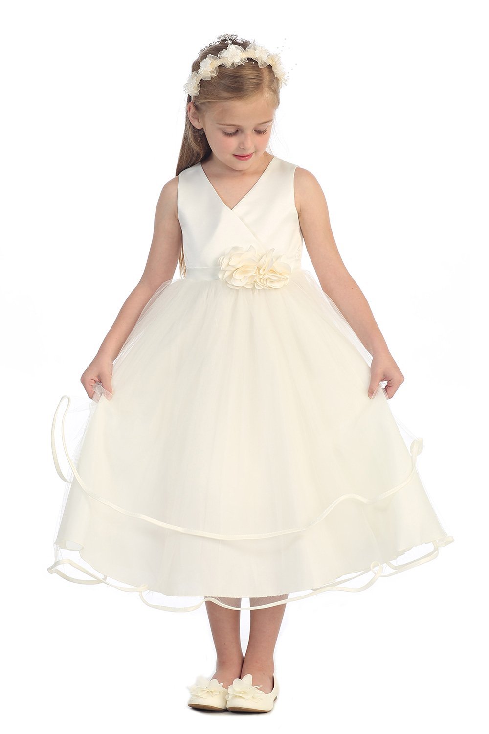 All Ivory Two Tone Satin Bodice with Layered Tulle Skirt Girl Dress All Ivory Two Tone Satin Bodice with Layered Tulle Skirt Girl Dress