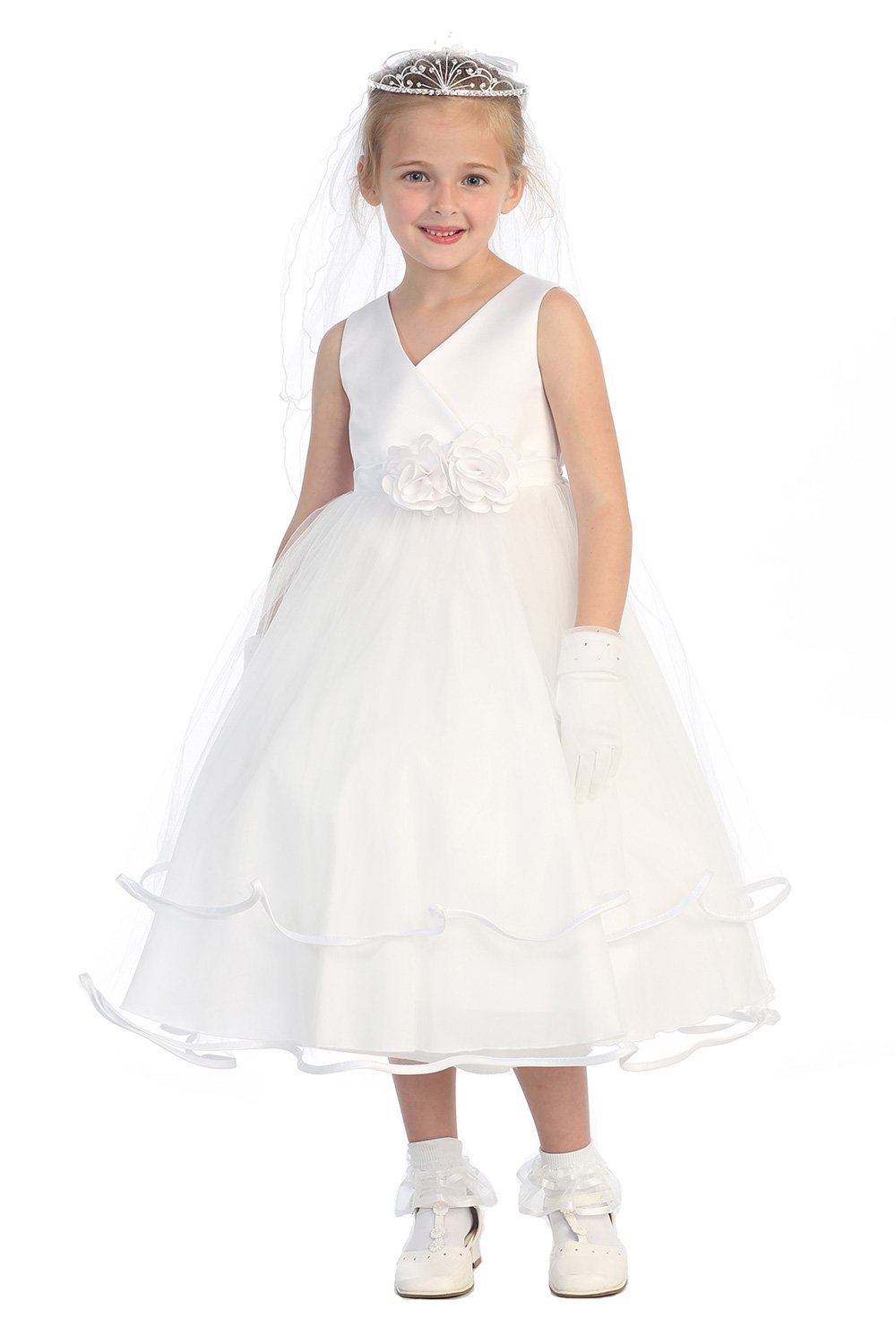 All White Two Tone Satin Bodice with Layered Tulle Skirt Girl Dress All White Two Tone Satin Bodice with Layered Tulle Skirt Girl Dress