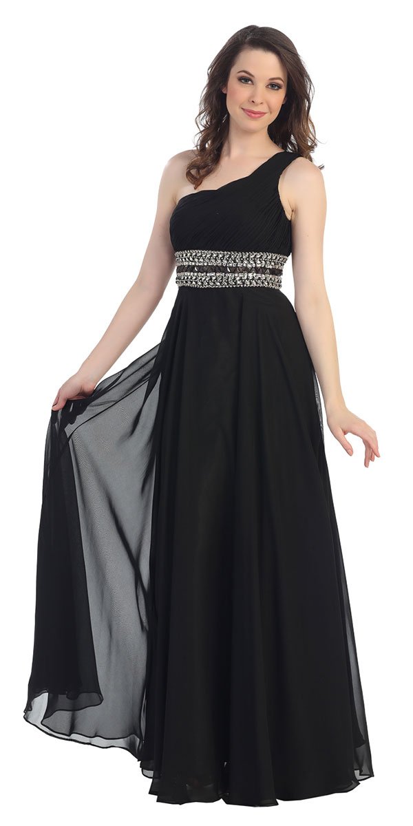 Black Floor Length One Shoulder Diamond Dress