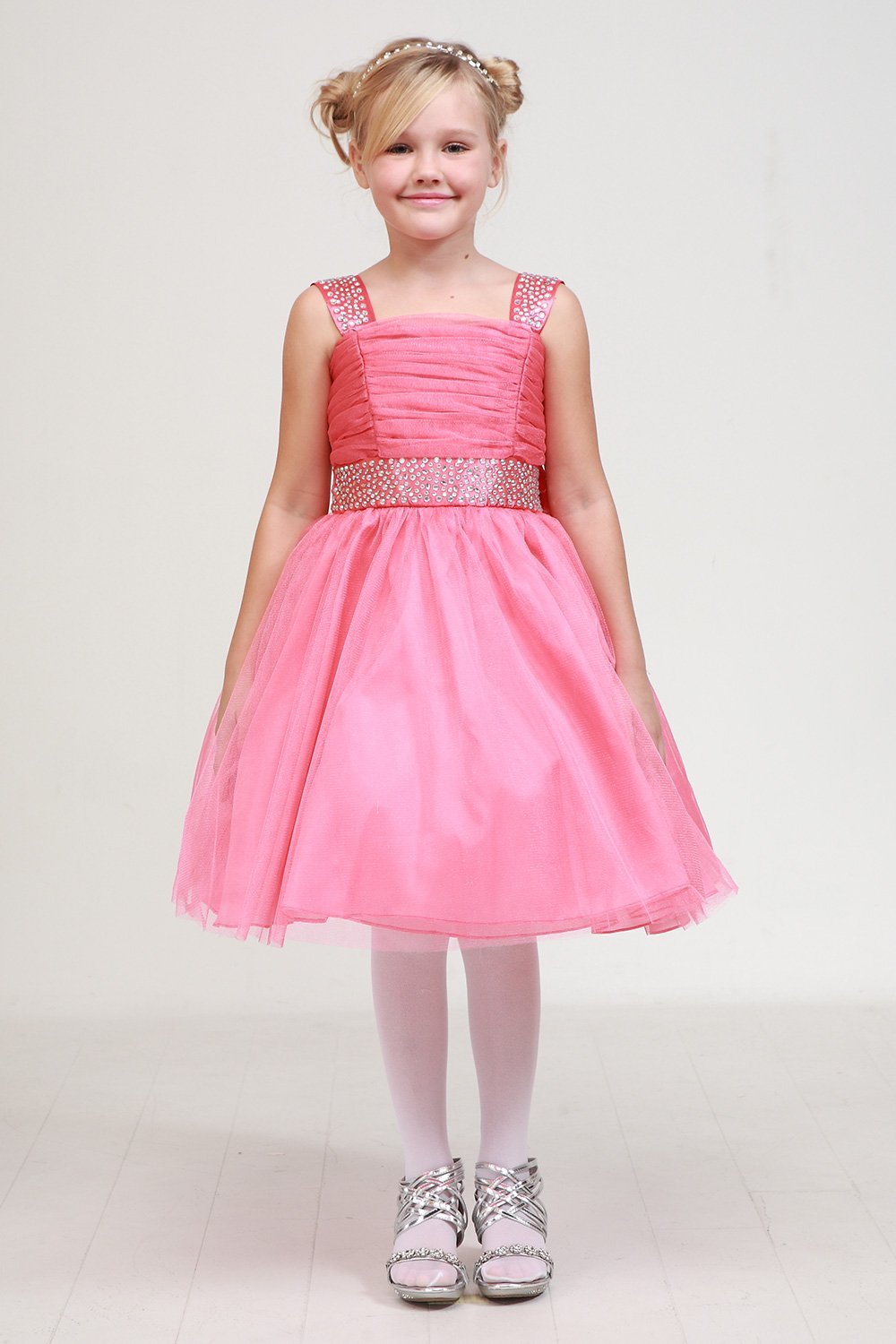 Bubble Pink Shinny Studded Dress With Rainbow Rhinestone Flower Girl Dress