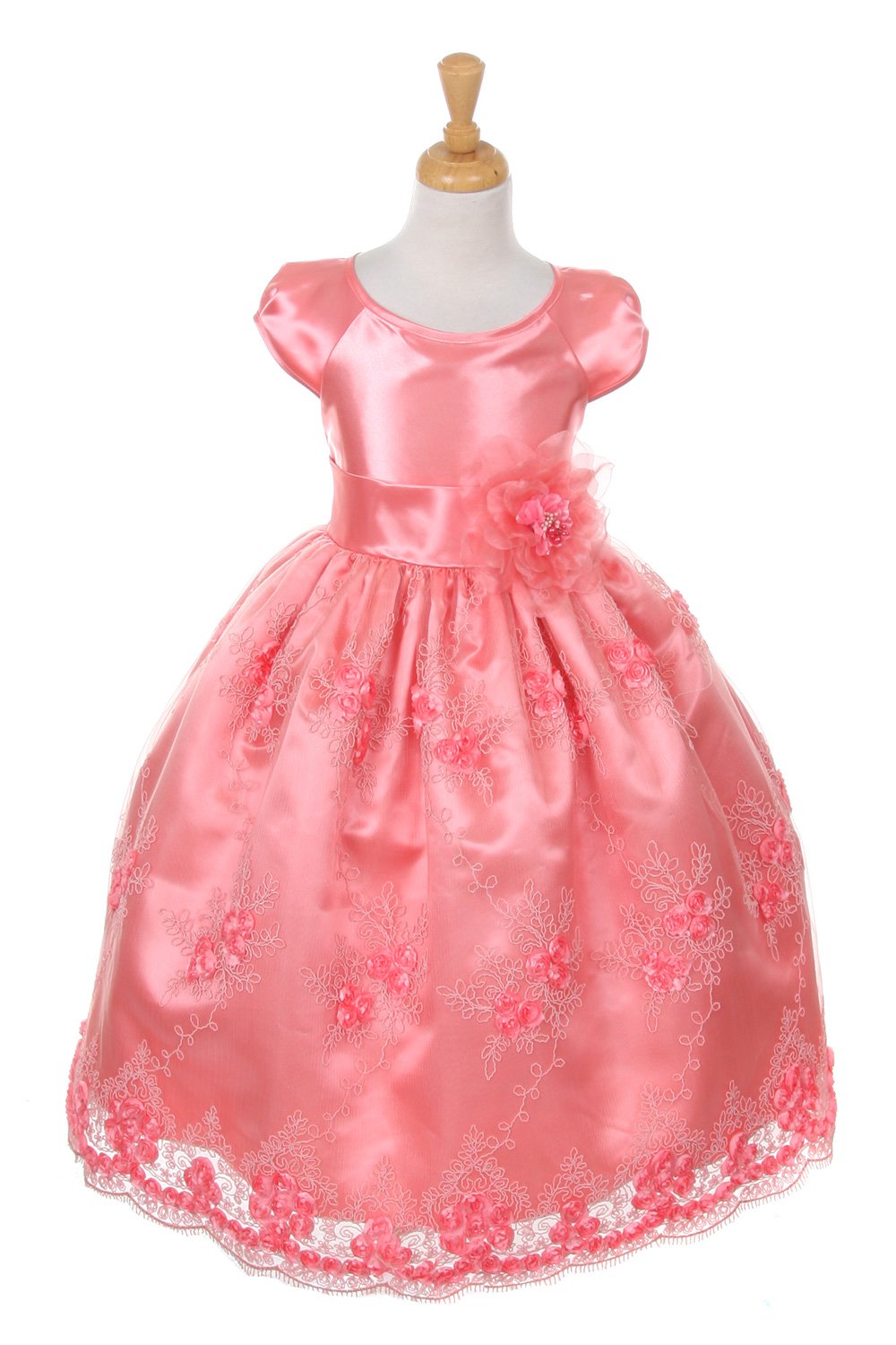 Coral Shiny Satin Embroiedered Lace Dress with Corsage Coral Shiny Satin Embroiedered Lace Dress with Corsage