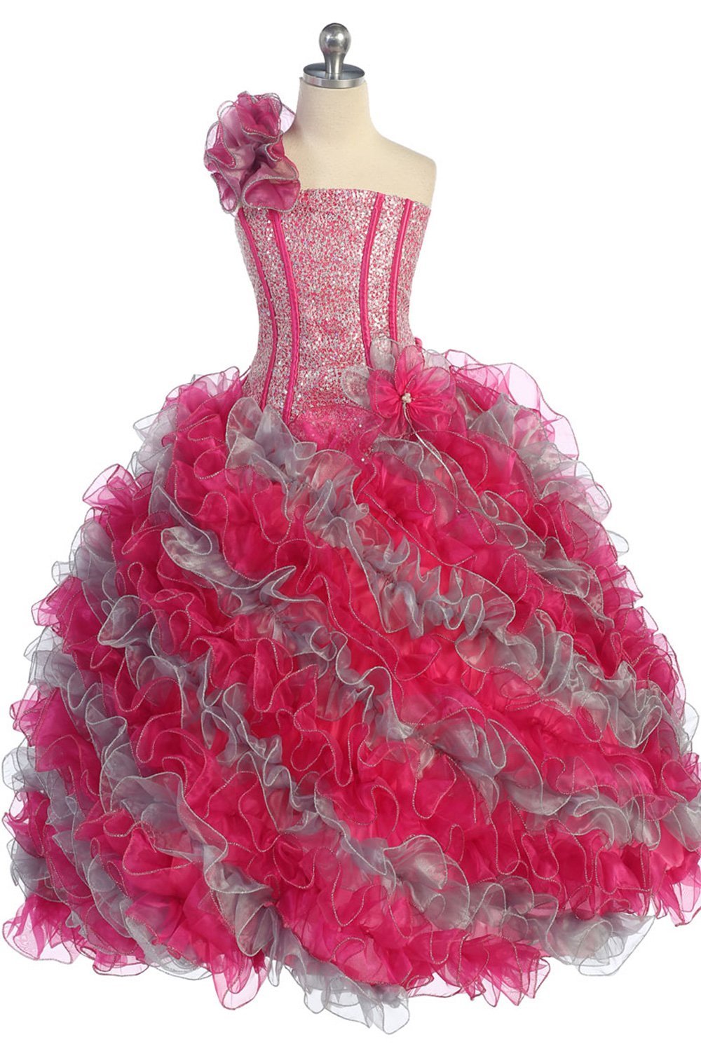 Fuchsia/Silver Single Shoulder Princess Pageant Girl Ball Gown Fuchsia/Silver Single Shoulder Princess Pageant Girl Ball Gown