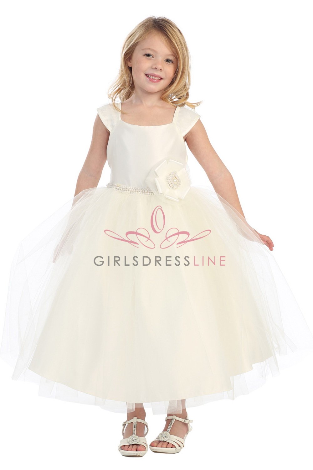 Ivory Satin Cap Sleeves Bodice Overlaid Tulle Flower Girl Dress