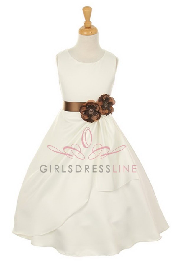 Ivory/Brown Bridal Dull Satin Flower Girl Dress Ivory/Brown Bridal Dull Satin Flower Girl Dress