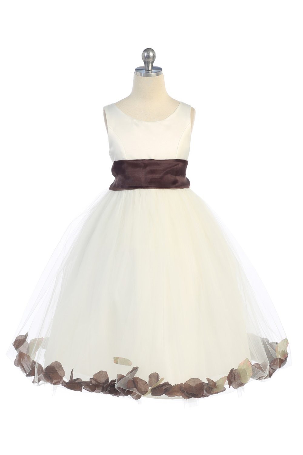 Ivory/Brown Satin & Tulle Flower Girl Dress with Petals & Sash Ivory/Brown Satin & Tulle Flower Girl Dress with Petals & Sash