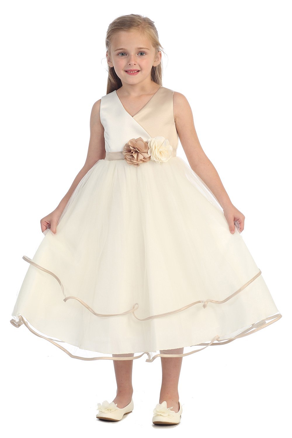 Ivory/Champagne Two Tone Satin Bodice with Layered Tulle Skirt Girl Dress Ivory/Champagne Two Tone Satin Bodice with Layered Tulle Skirt Girl Dress