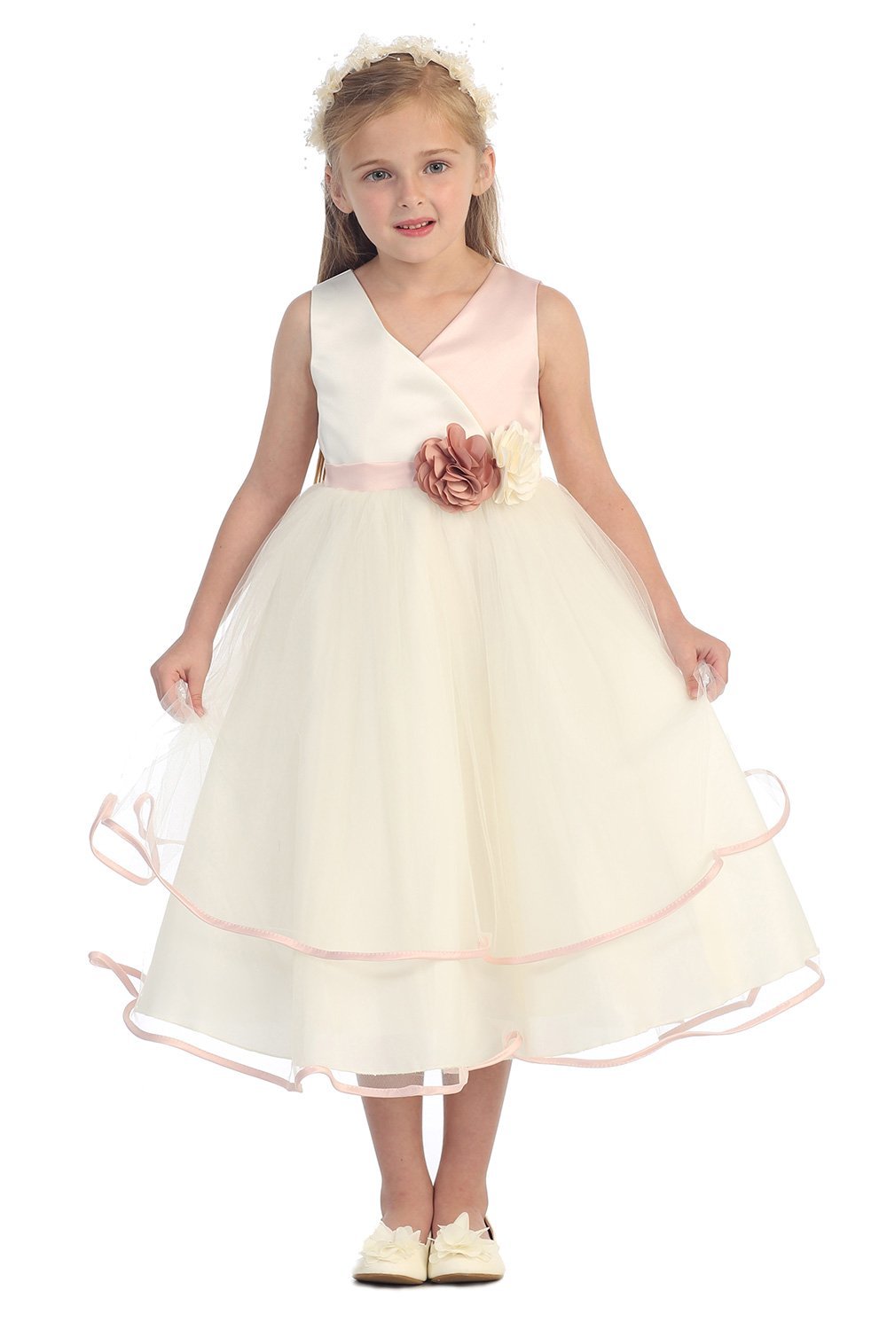 Ivory/Rose Two Tone Satin Bodice with Layered Tulle Skirt Girl Dress