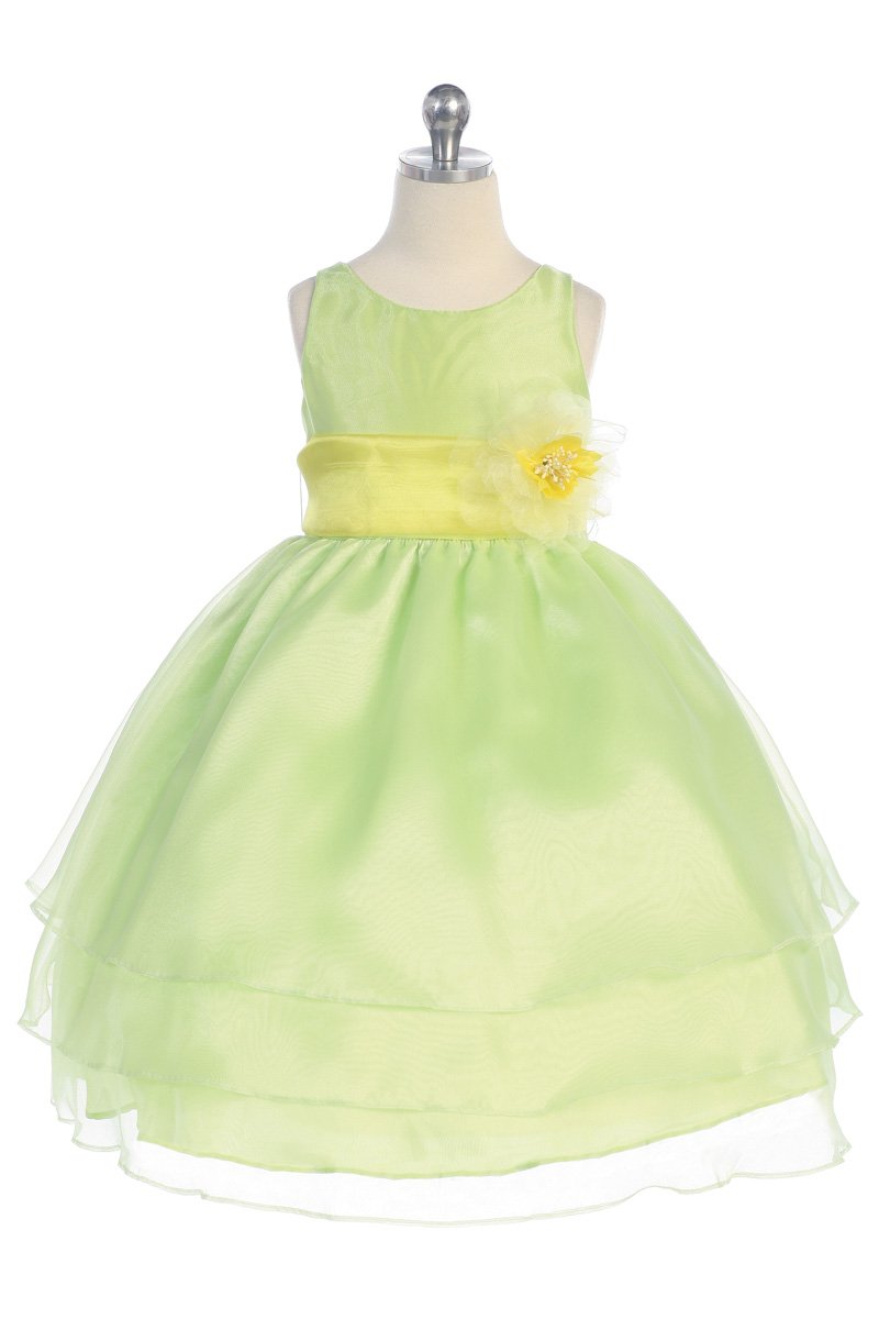 Lime Organza Simple Layered Flower Girl Dress with Sash Lime Organza Simple Layered Flower Girl Dress with Sash