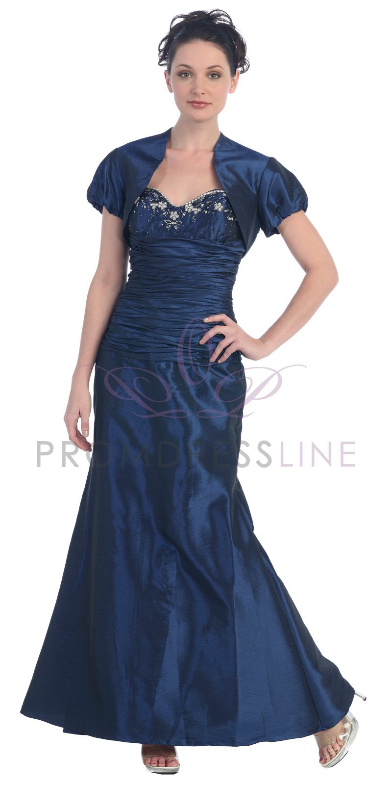 Navy Blue Taffeta Embroidery on Sweetheart Long Dress with Borelo Jacket
