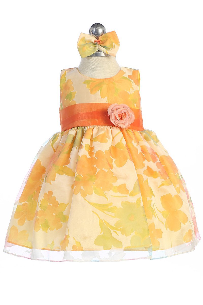 Orange Floral Printed Organza Baby Girl Dress