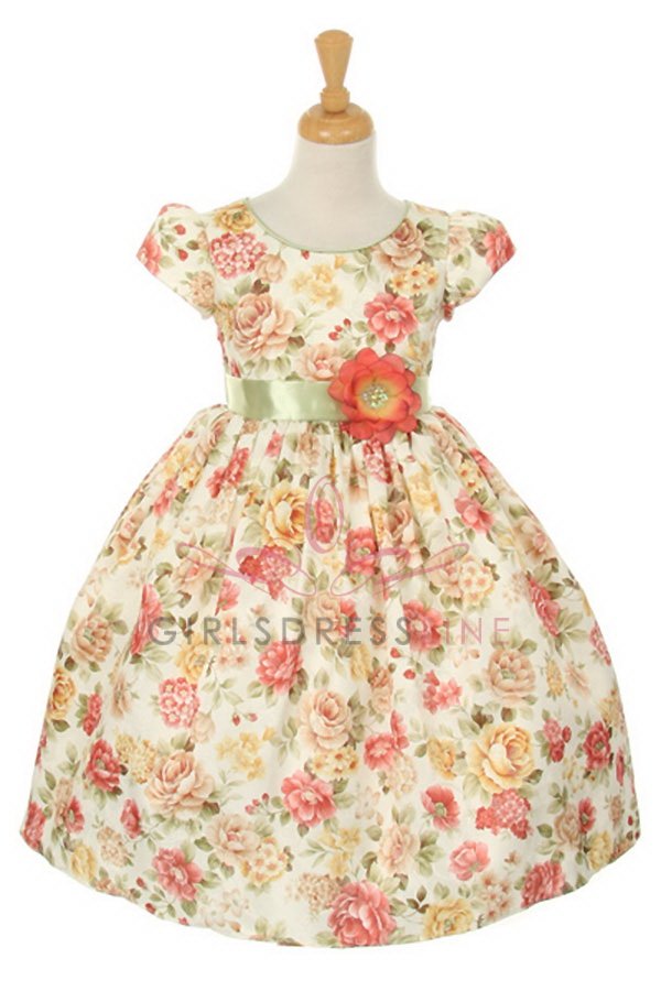 Orange Flower Print Jacquard Flower Girl Dress