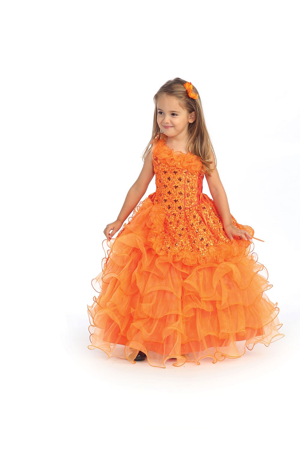 Orange One Shoulder Ruffle Flower Girl Dress