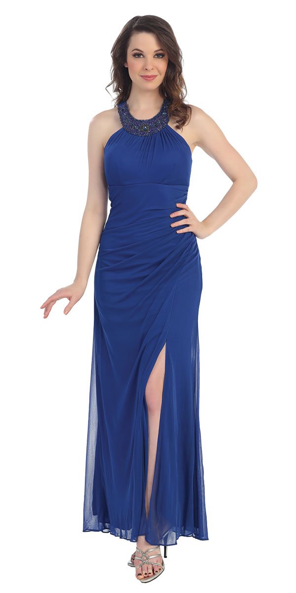 Royal Blue Full Length Side Slit Halter Gown