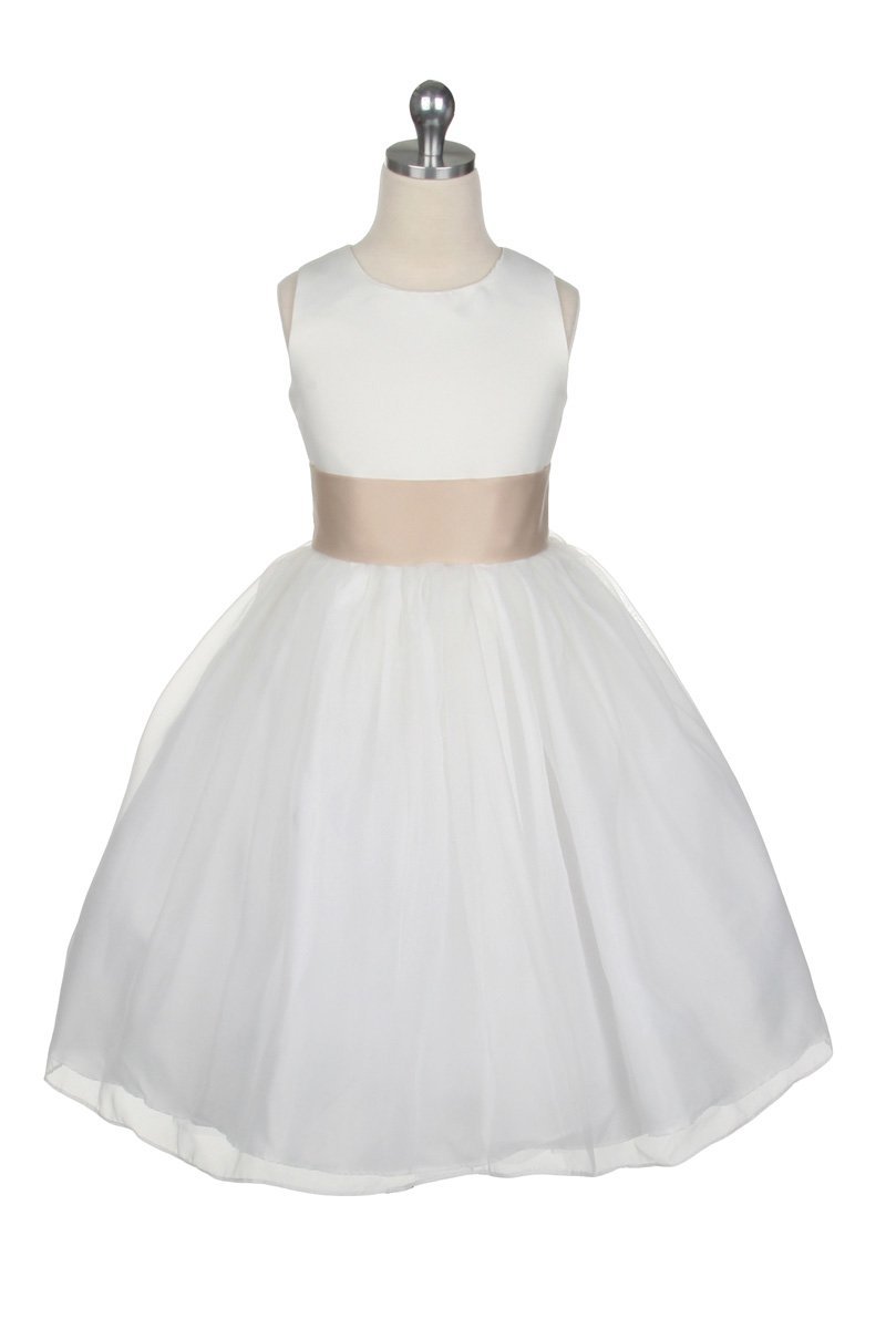Satin Bodice Organza Skirt Flower Girl Dress with Gold Sash