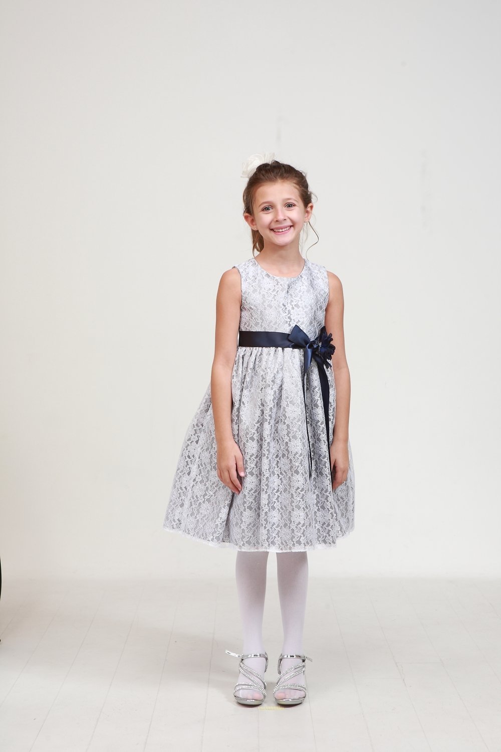 Silver/Navy Elegant Lace Flower Girl Dress Silver/Navy Elegant Lace Flower Girl Dress