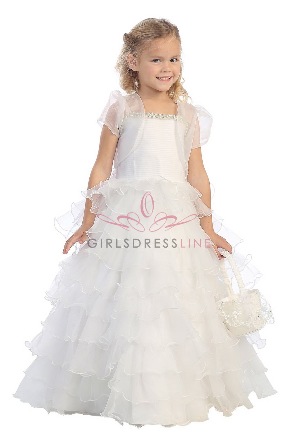 White Elegant Organza Mutiple Tiered Designer's Quality Formal Girl Dress with Jacket