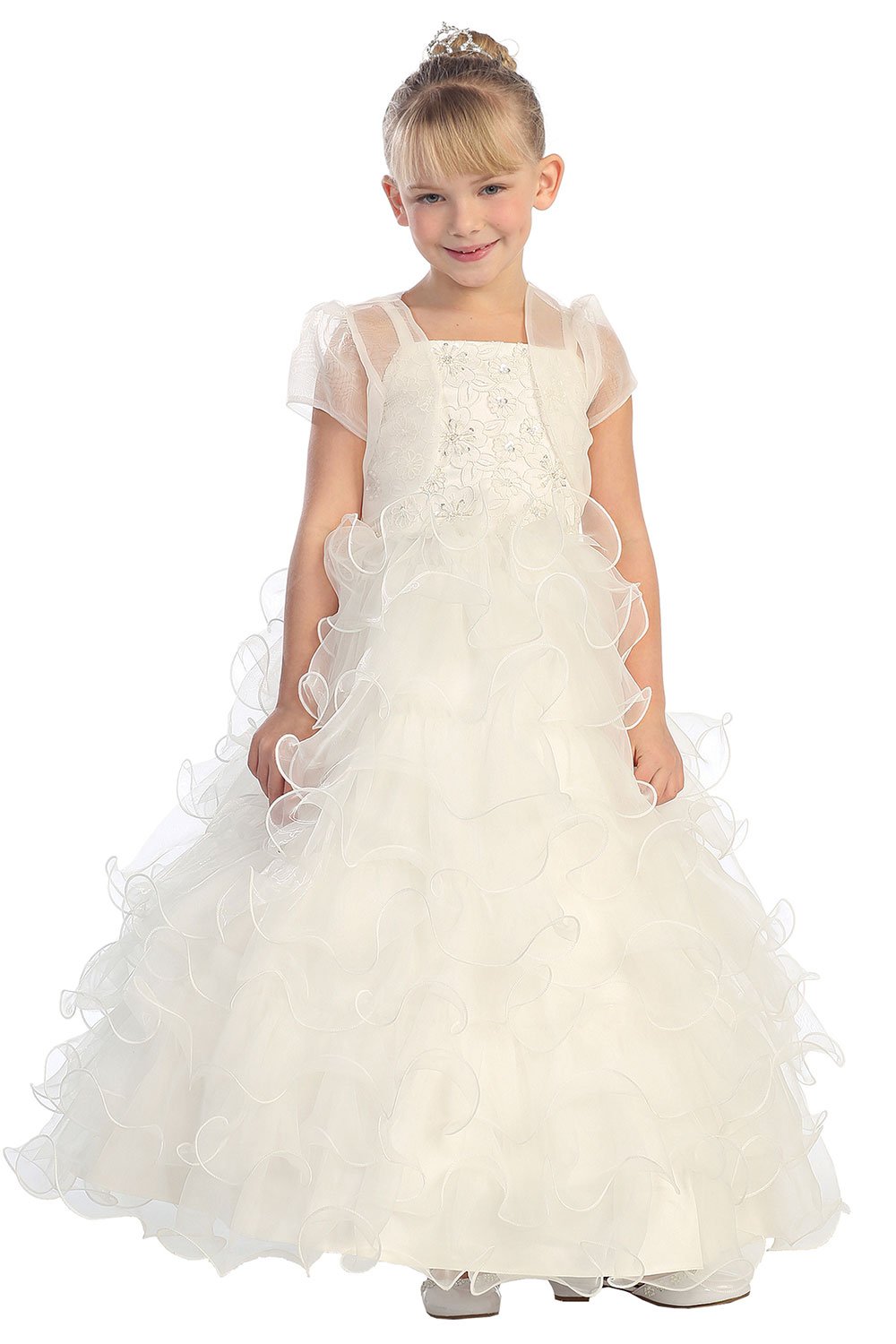 Ivory Embellished Lace Bodice Ruffle Skirt with Organza Bolero Dress Ivory Embellished Lace Bodice Ruffle Skirt with Organza Bolero Dress
