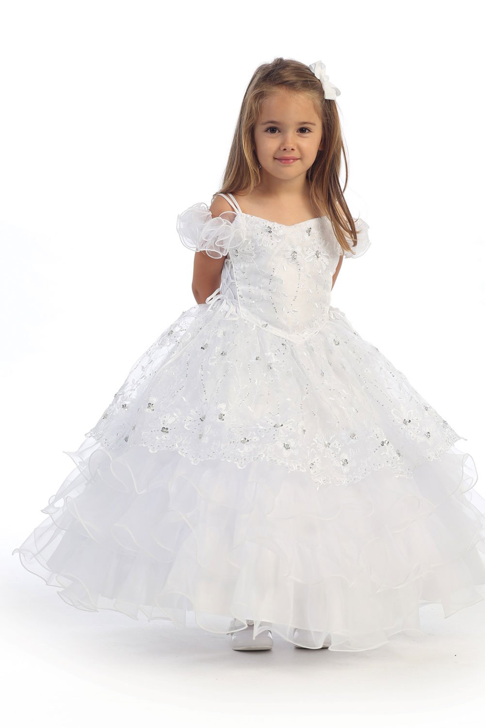 White Embroidered Organza Overlay Flower Girl Dress MDR632-WH