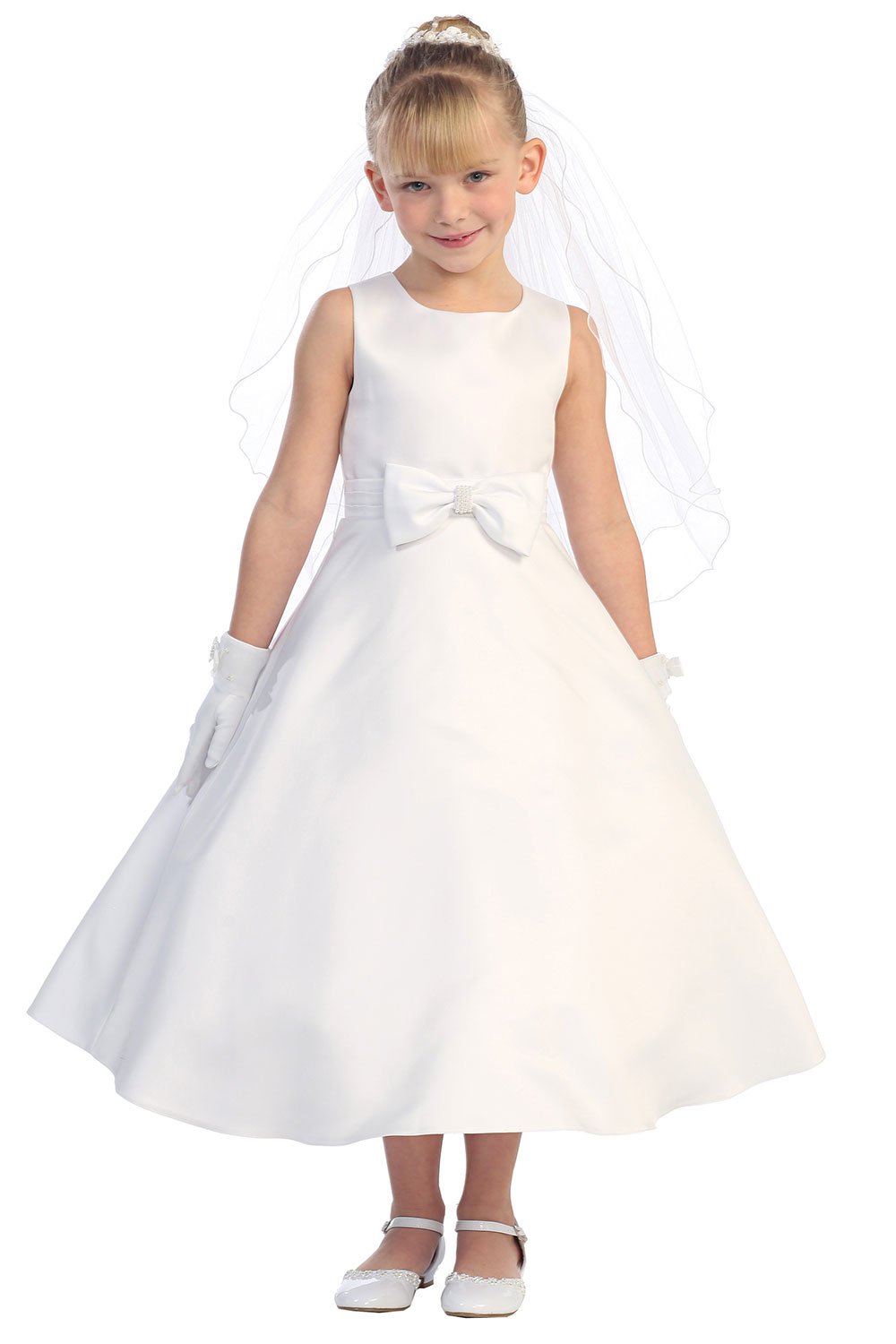 White Sleeveless Front Bow Satin A-line Dress White Sleeveless Front Bow Satin A-line Dress