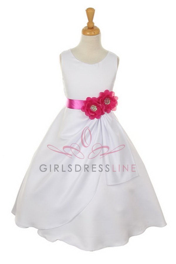 White/Magenta Bridal Dull Satin Flower Girl Dress
