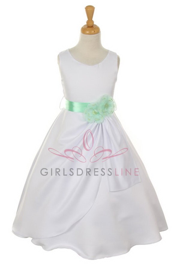 White/Mint Bridal Dull Satin Flower Girl Dress White/Mint Bridal Dull Satin Flower Girl Dress