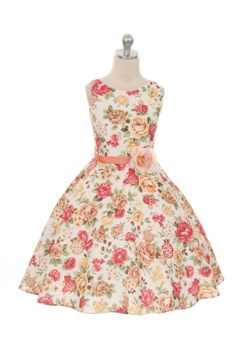 Coral Sleeveless Floral Print Dress with Satin Sash Flower Girl Dress