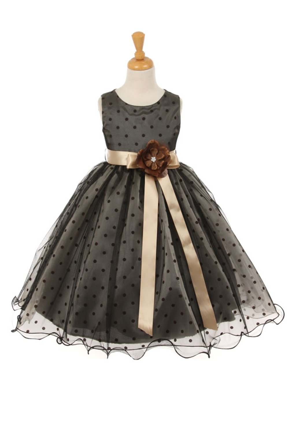 Beige Polka Dot Organza Flower Girl Dress with Overlay Tulle