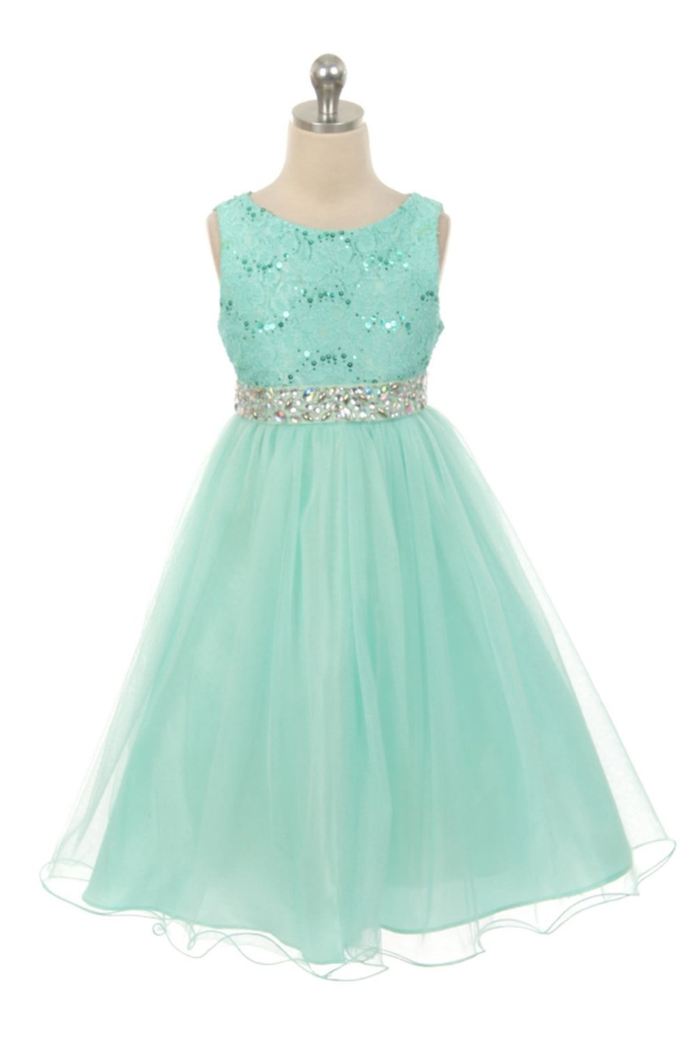 Mint Sleeveless Shiny Tulle Flower Girls Dress with Beaded Waist Mint Sleeveless Shiny Tulle Flower Girls Dress with Beaded Waist
