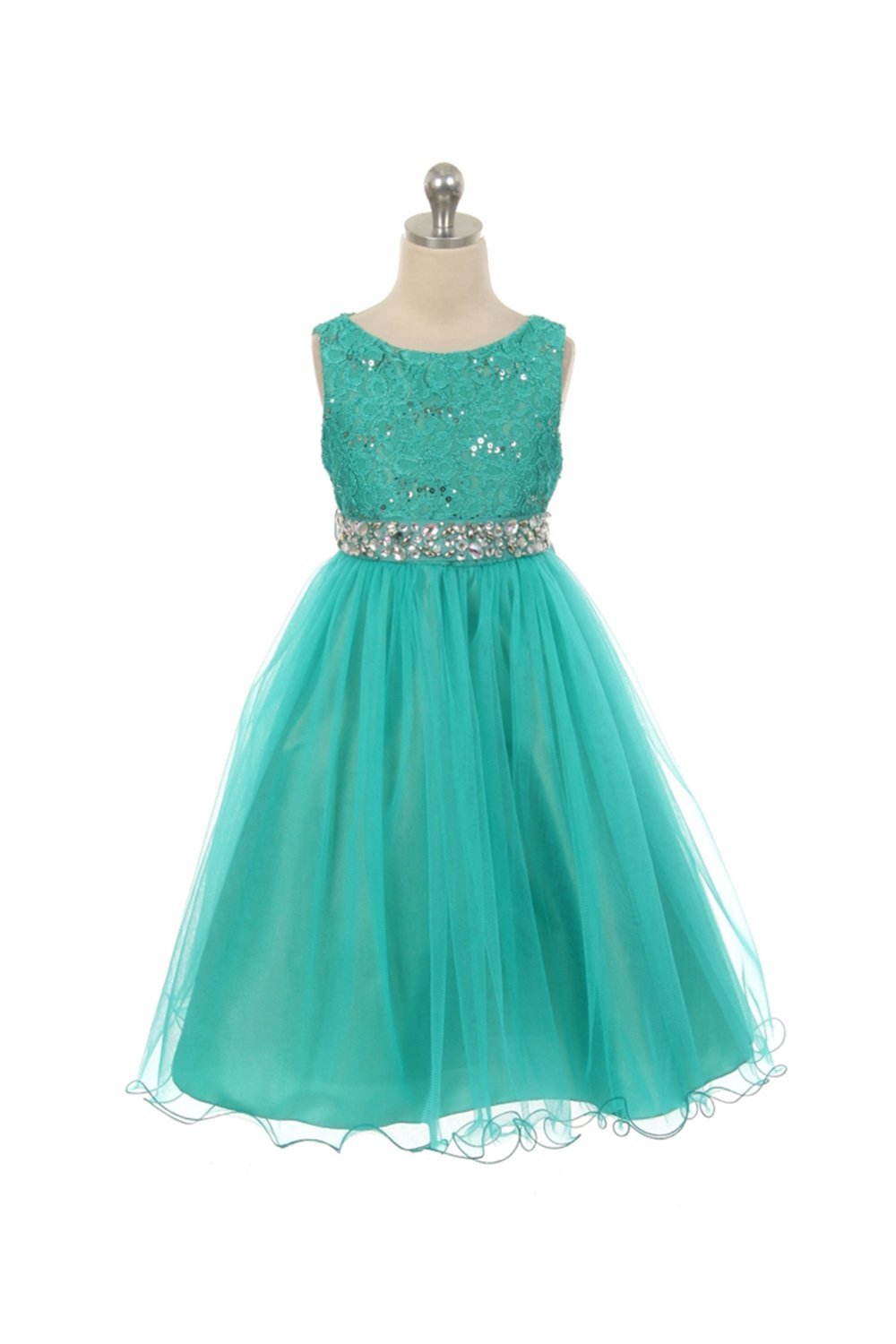 Jade Sleeveless Shiny Tulle Flower Girls Dress with Beaded Waist