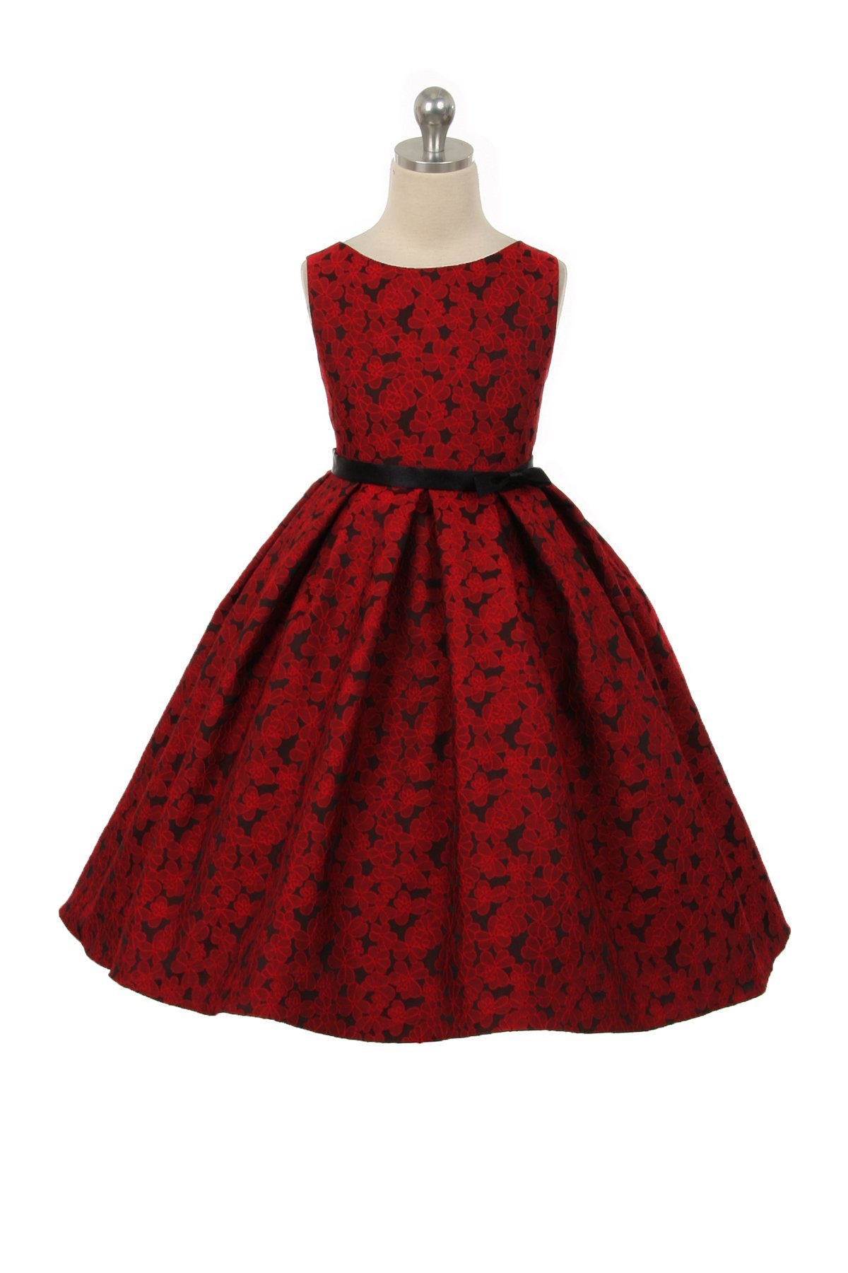 Red Floral Jacquard Flower Girl Dress with Pleated Skirt