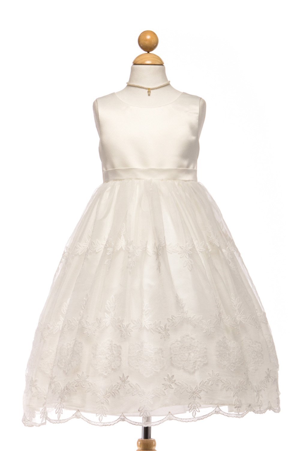 Ivory Satin Bodice Girl Dress with Overlay Embroidered Organza Skirt