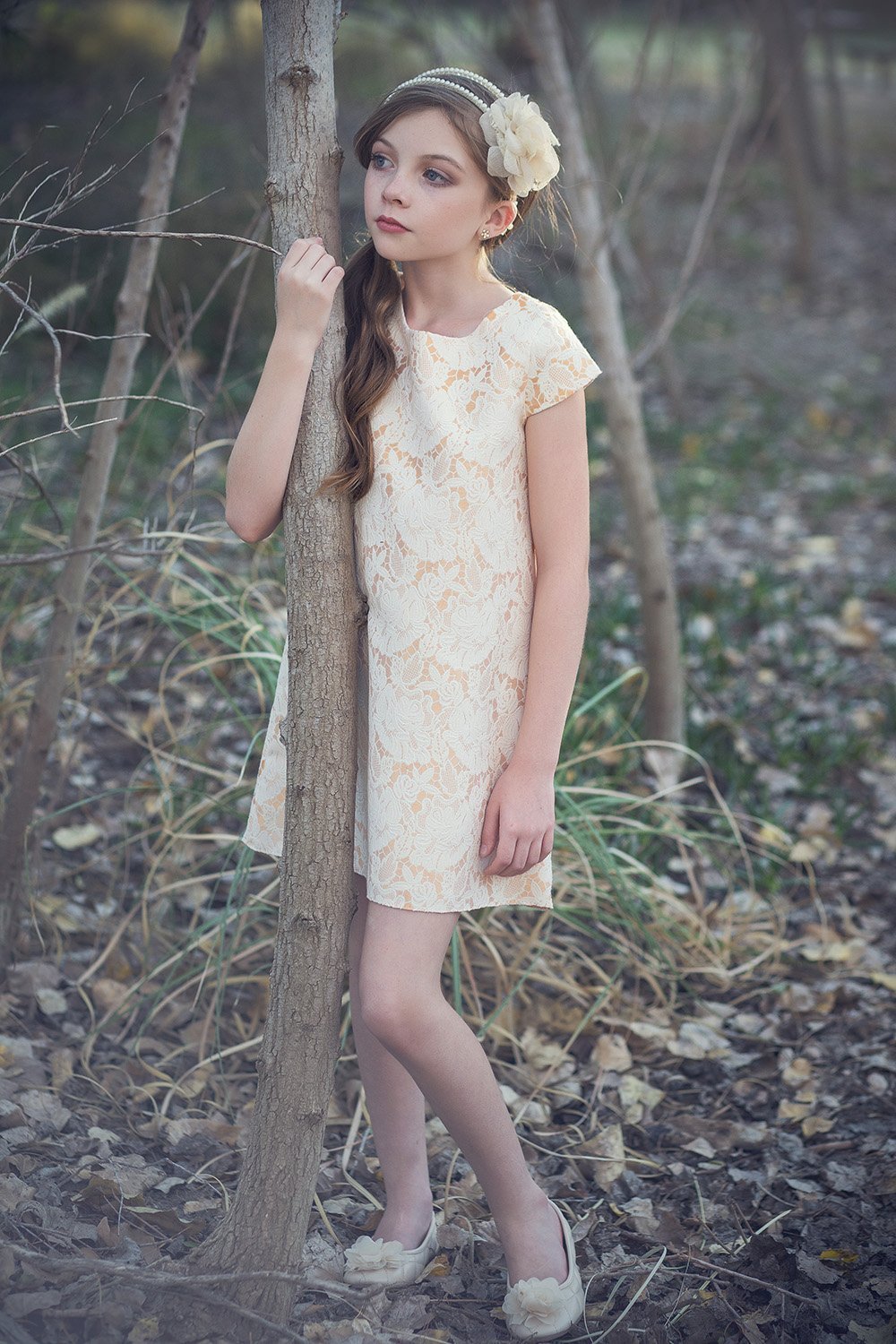 Orange Jacquard Mini Flower Girl Dress with Flower Pin