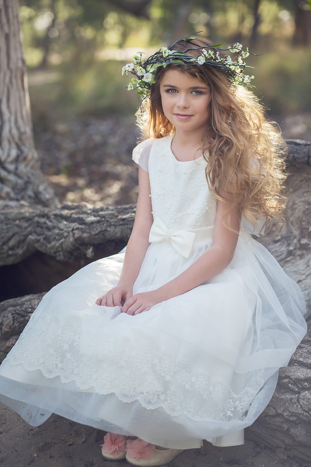 Ivory Short Sleeve Embroidered Organza Flower Girl Dress