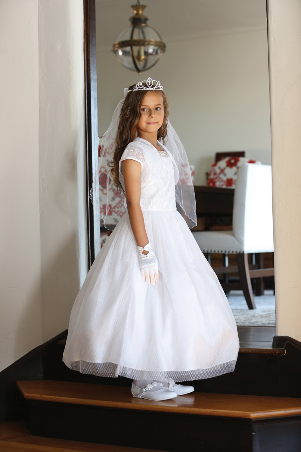 White Lace Communion Dress with Mesh and Tulle Skirt Dress