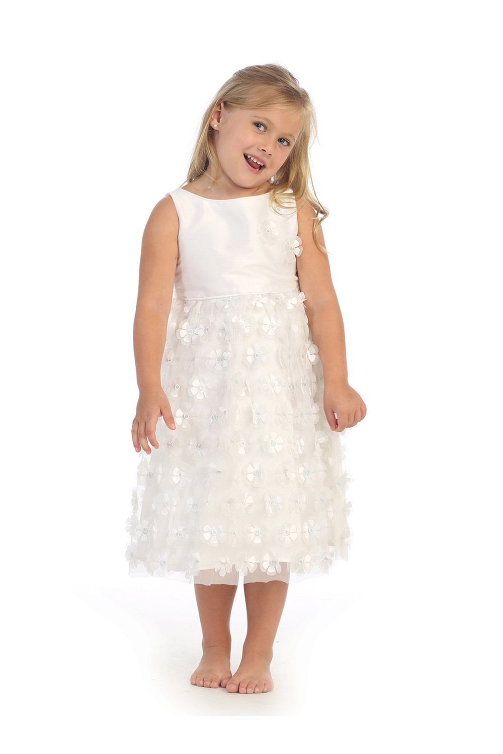 Off-White Poly Dupioni Flower Girl Dress with 3D Floral Mesh 