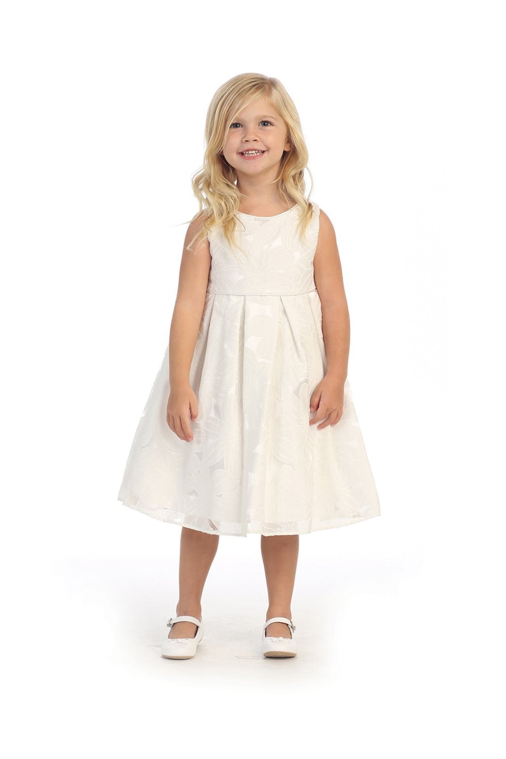 Off White Beautiful Burnout Floral Design Flower Girl Dress