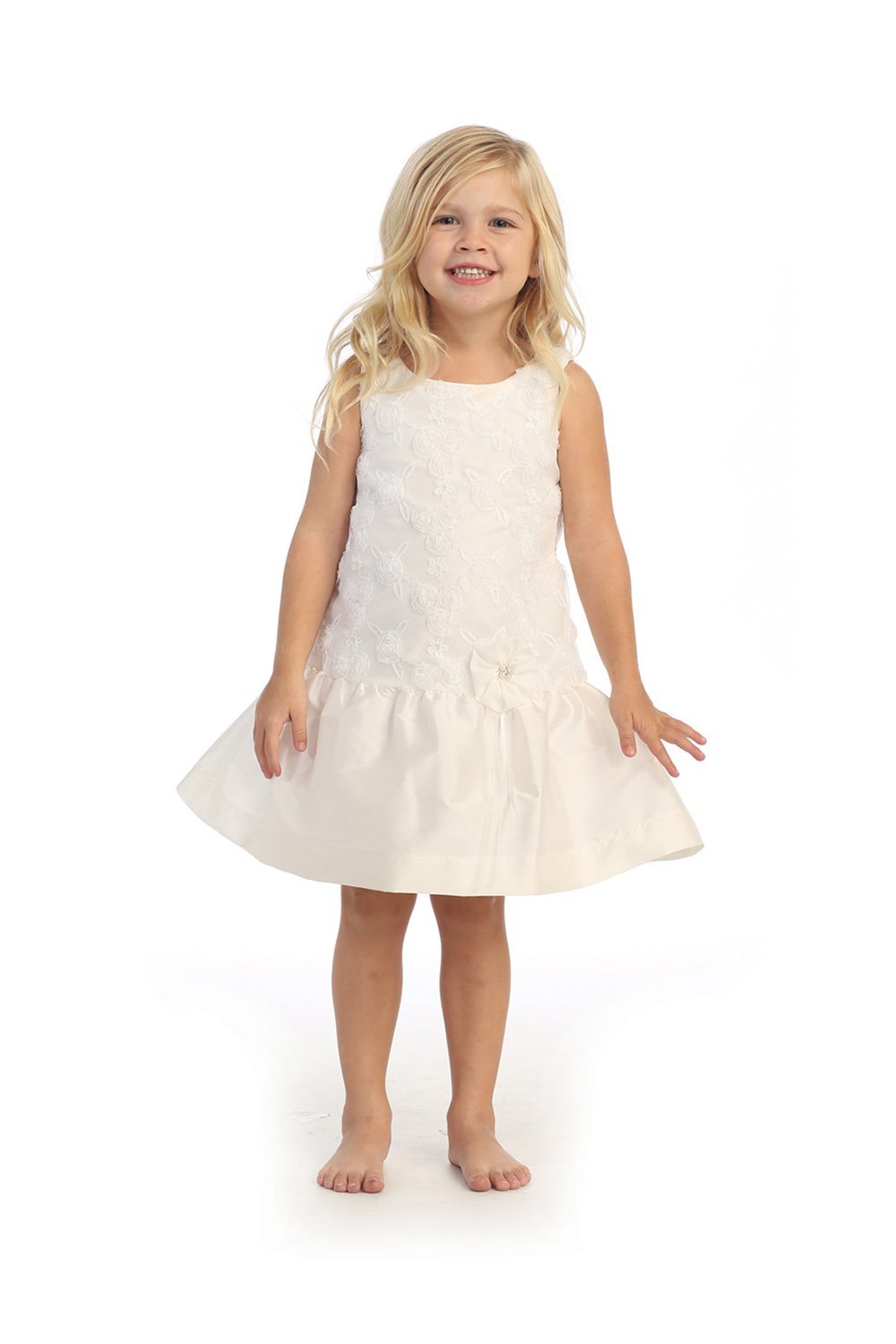 Off White Drop Waist Taffeta Flower Girl Dress with 3D Floral Design