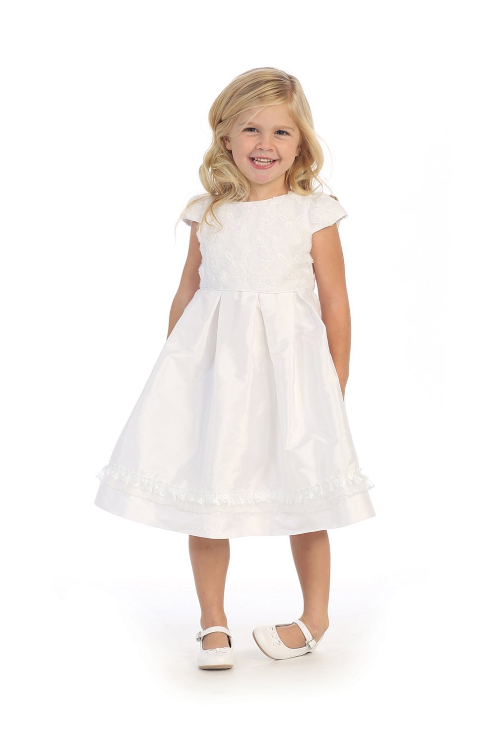 White Cap Sleeves Taffeta Flower Girl Dress 