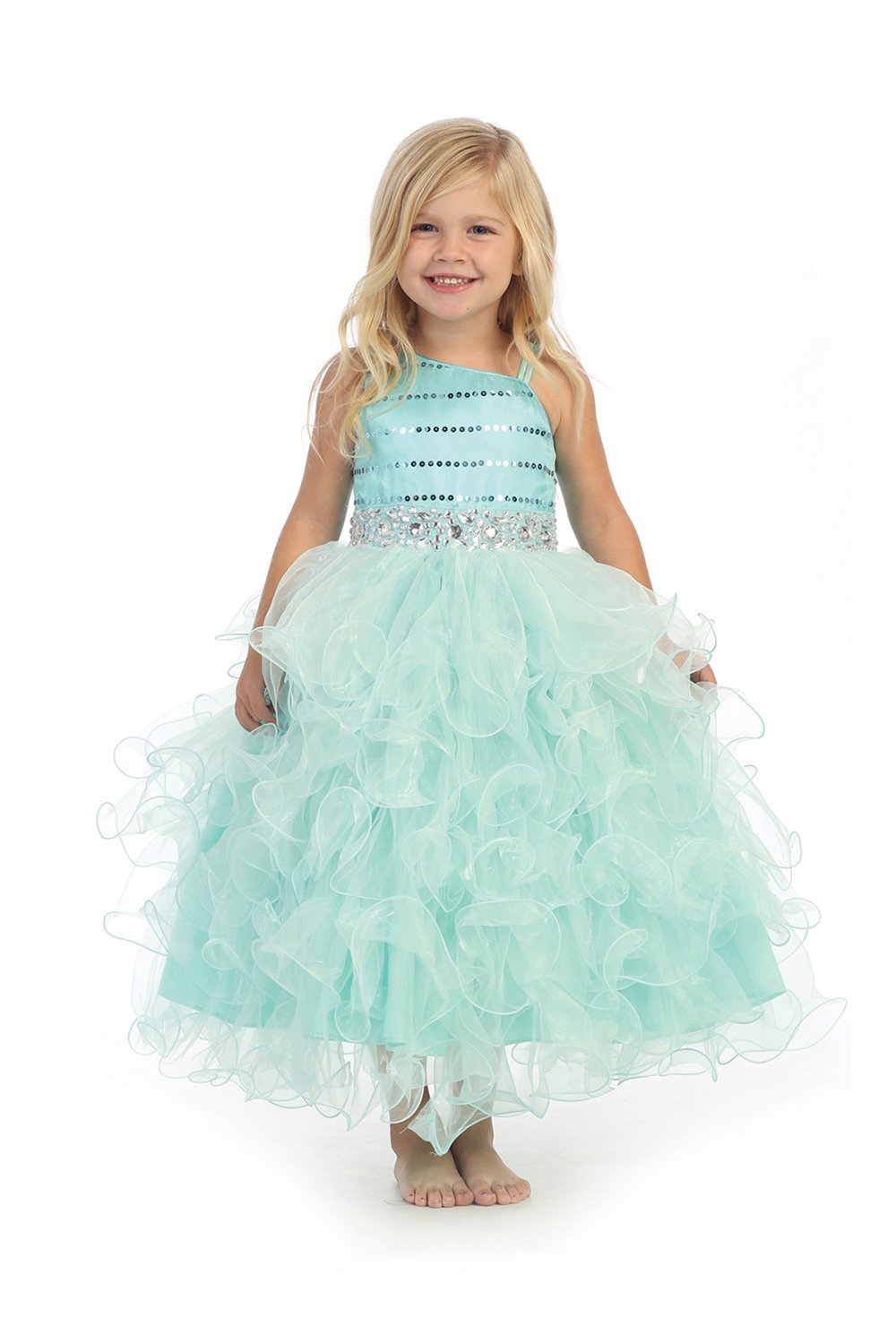 Aqua One Shoulder Pageant Dress with Multi Layered Ruffle Skirt