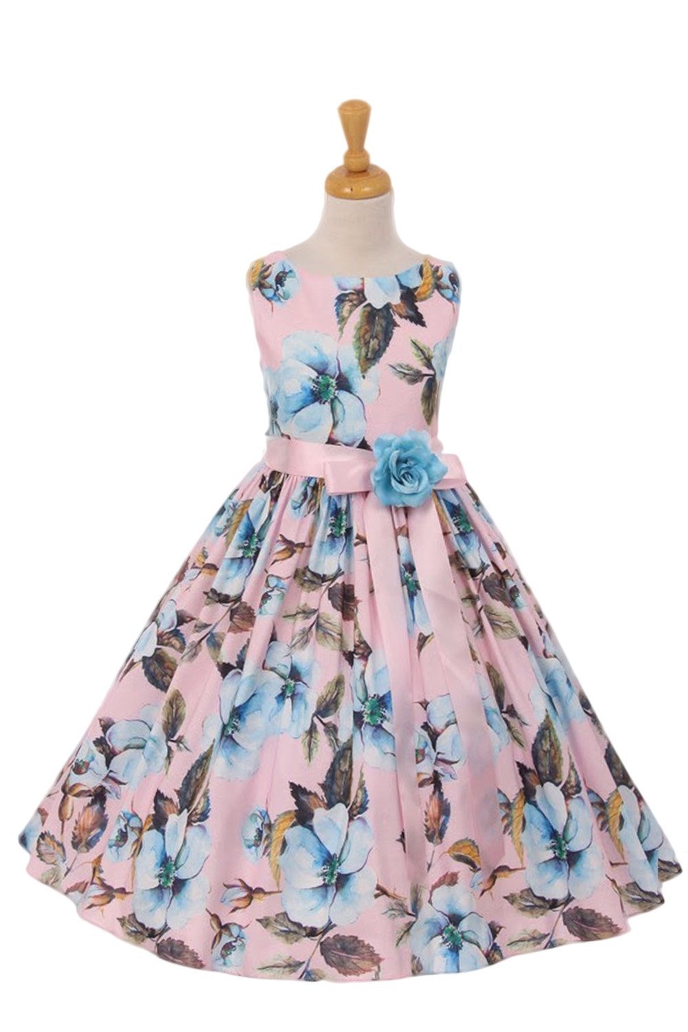 Pink Floral Print Stretch Taffeta Junior Bridesmaid Easter Dress Pink Floral Print Stretch Taffeta Junior Bridesmaid Easter Dress