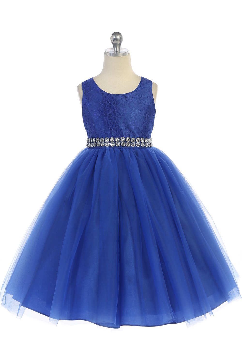 Royal Blue Lace Floral Pattern Flower Girl Dress with Rhinestone Waist Royal Blue Lace Floral Pattern Flower Girl Dress with Rhinestone Waist