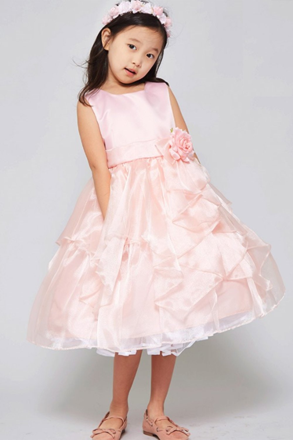 Pink Solid Satin Contrast Organza Sleeveless Ruffle Dress Pink Solid Satin Contrast Organza Sleeveless Ruffle Dress