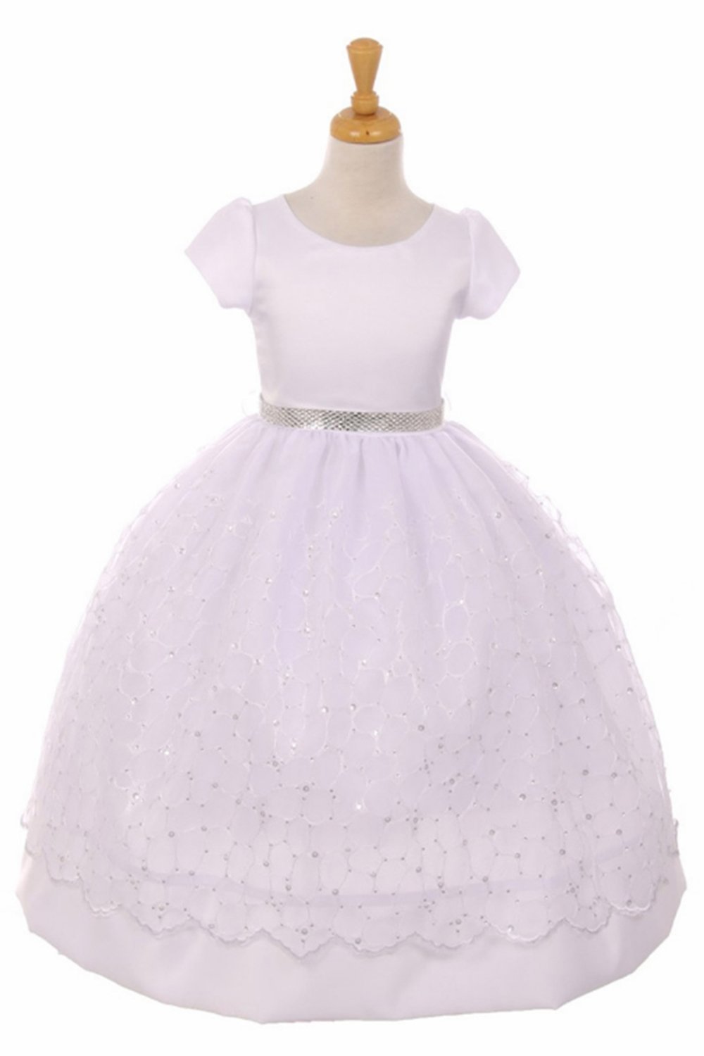 White Sequins Organza Overlay Satin Communion Dress White Sequins Organza Overlay Satin Communion Dress
