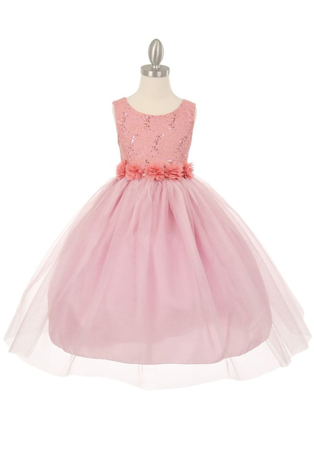 Dusty Rose Sleeveless Lace Flower Girls Dress with Floral Sash
