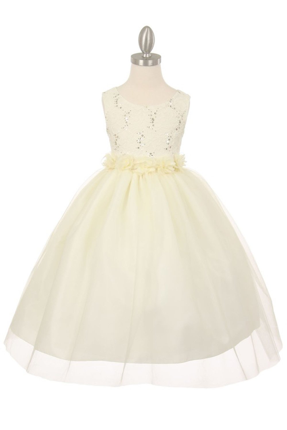 Ivory Sleeveless Lace Flower Girls Dress with Floral Sash