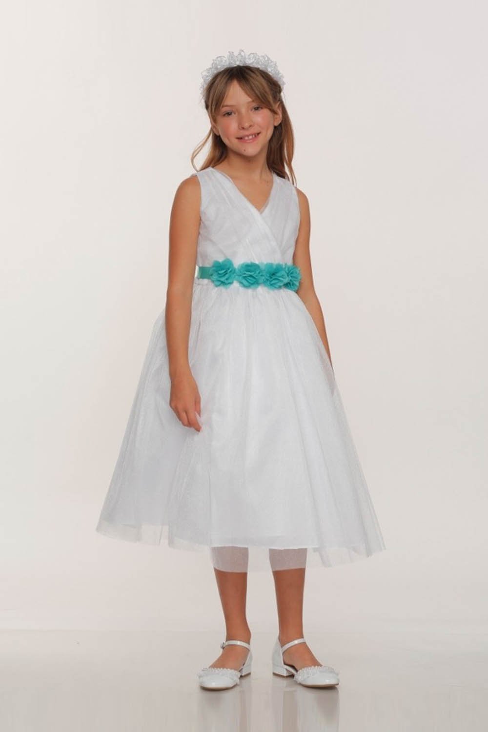 White/Jade Tulle V-Neck with Removable Floral Sash Flower Girl Dress White/Jade Tulle V-Neck with Removable Floral Sash Flower Girl Dress