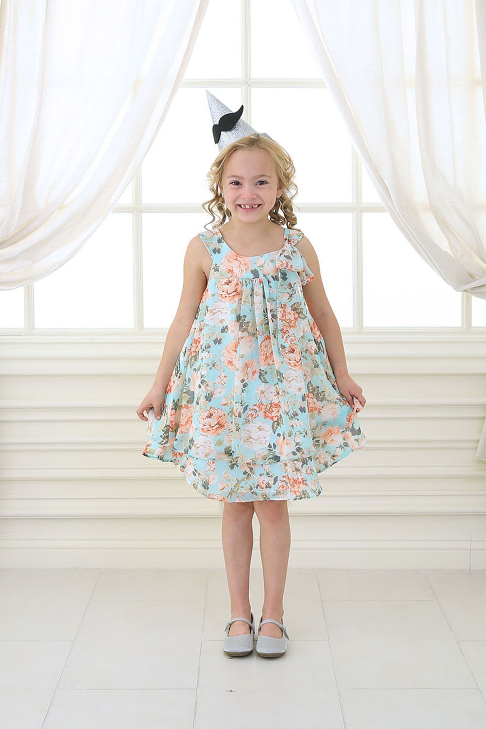 Aqua Chiffon Floral Print Flower Girl Dress
