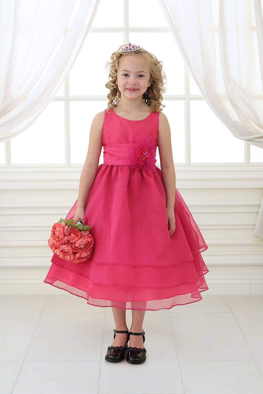 Fuchsia Organza Simple Layered Flower Girl Dress with Sash Fuchsia Organza Simple Layered Flower Girl Dress with Sash