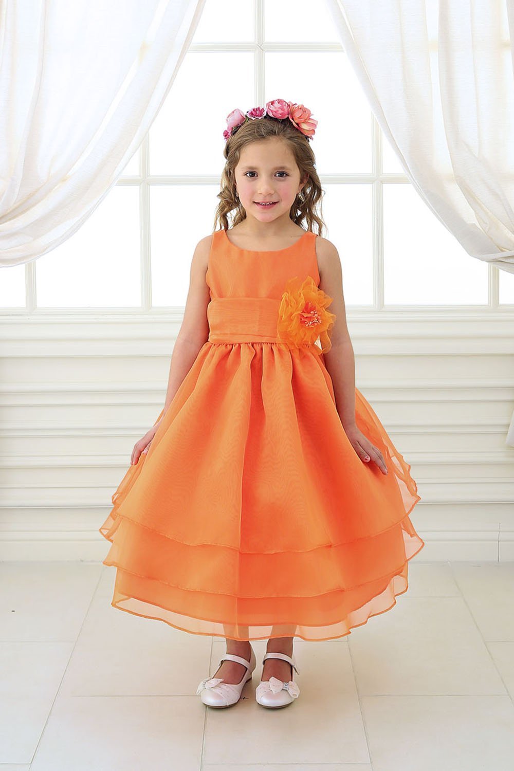 Orange Organza Simple Layered Flower Girl Dress with Sash