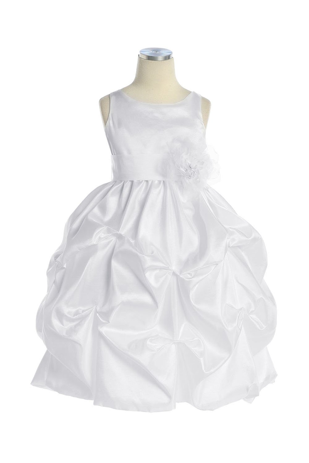 All White Taffeta Pick-up Style Flower Girl Dress with Sash